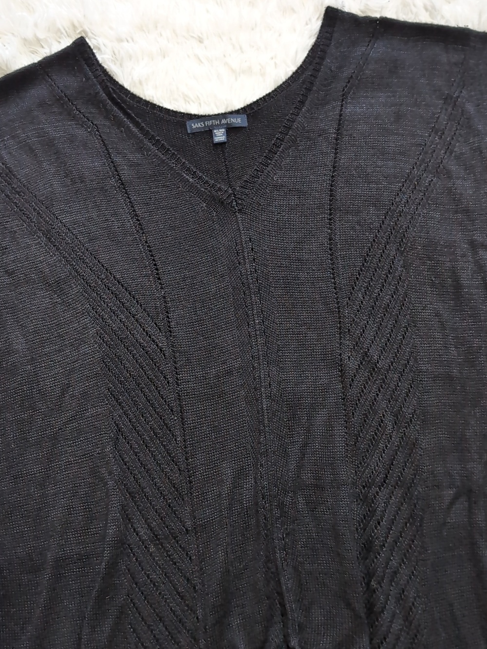 Saks Fifth Black Knit Tassel Poncho Oversized Fall Layering Sweater M/L - Picture 2 of 11